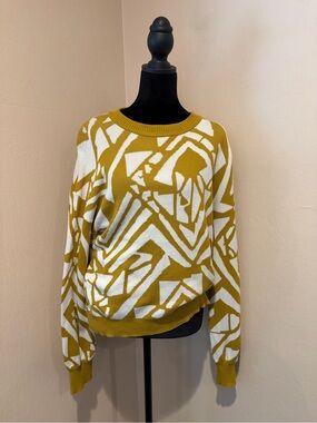 Amour Vert 100% Cotton Mustard Yellow Abstract Scoop Neck Sweater, French Retro